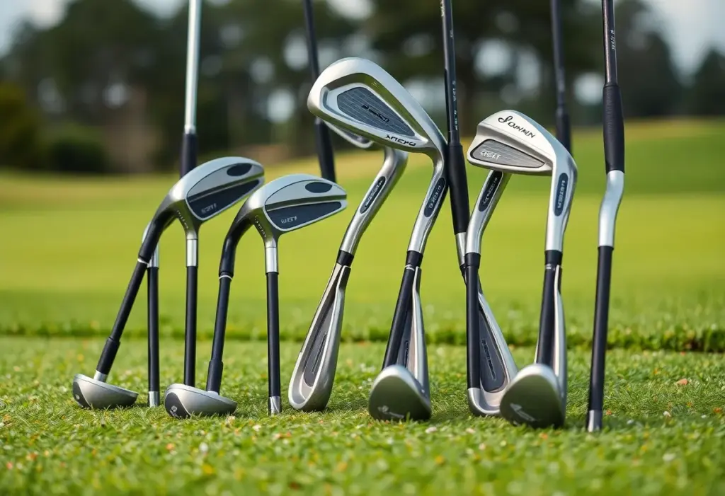 Three models of PXG GEN8 0311 irons on a golf course