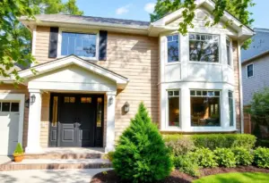 Exterior of a beautifully renovated home in Cleveland with energy-efficient windows and a garden.