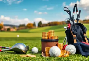 Various Acushnet golf equipment including clubs and apparel