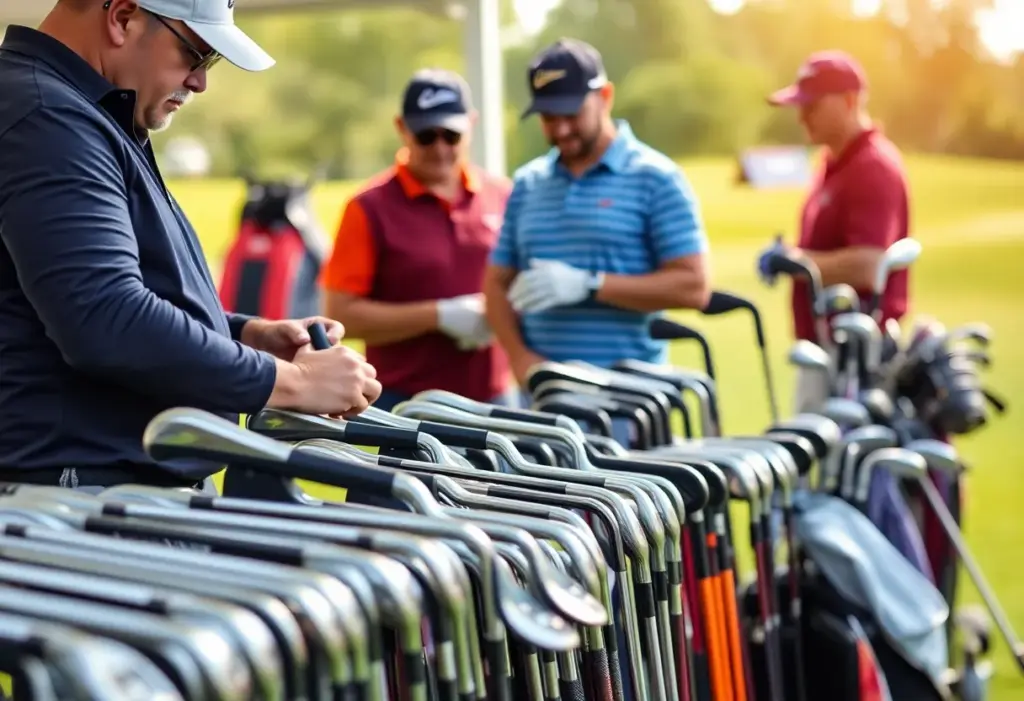 Various custom golf clubs on display at a golf course
