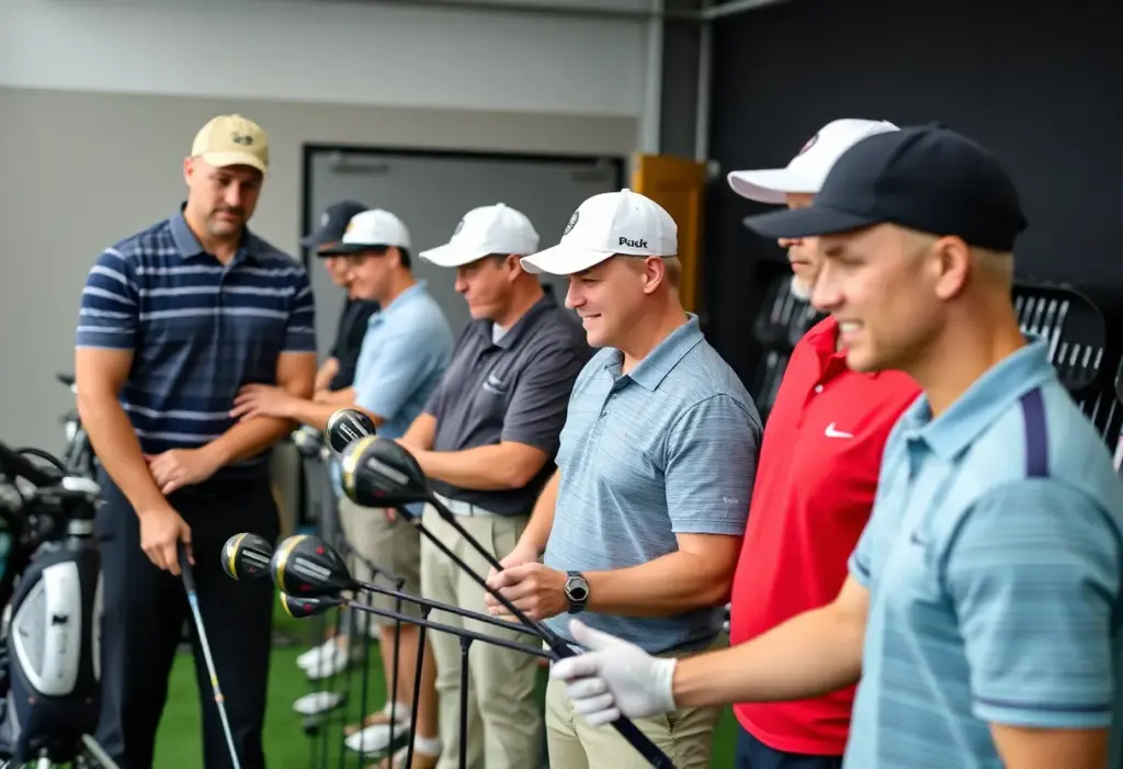 Golfers testing various drivers in a fitting studio
