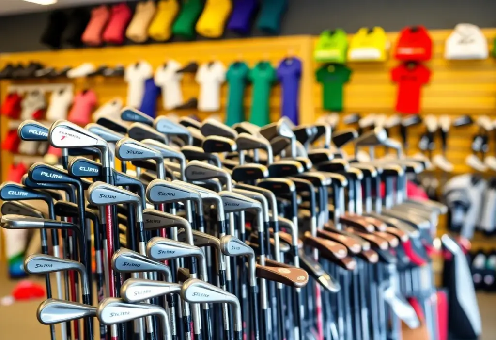 A collection of left-handed golf clubs on a golf course
