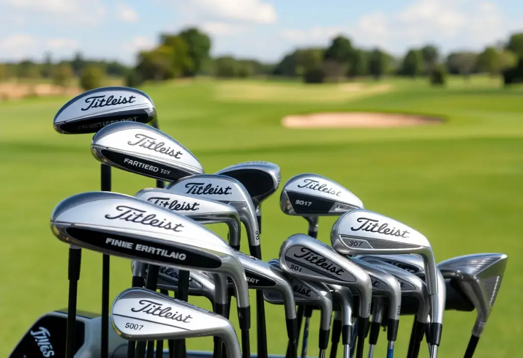 A collection of Titleist GT drivers and fairway woods displayed on a golf course