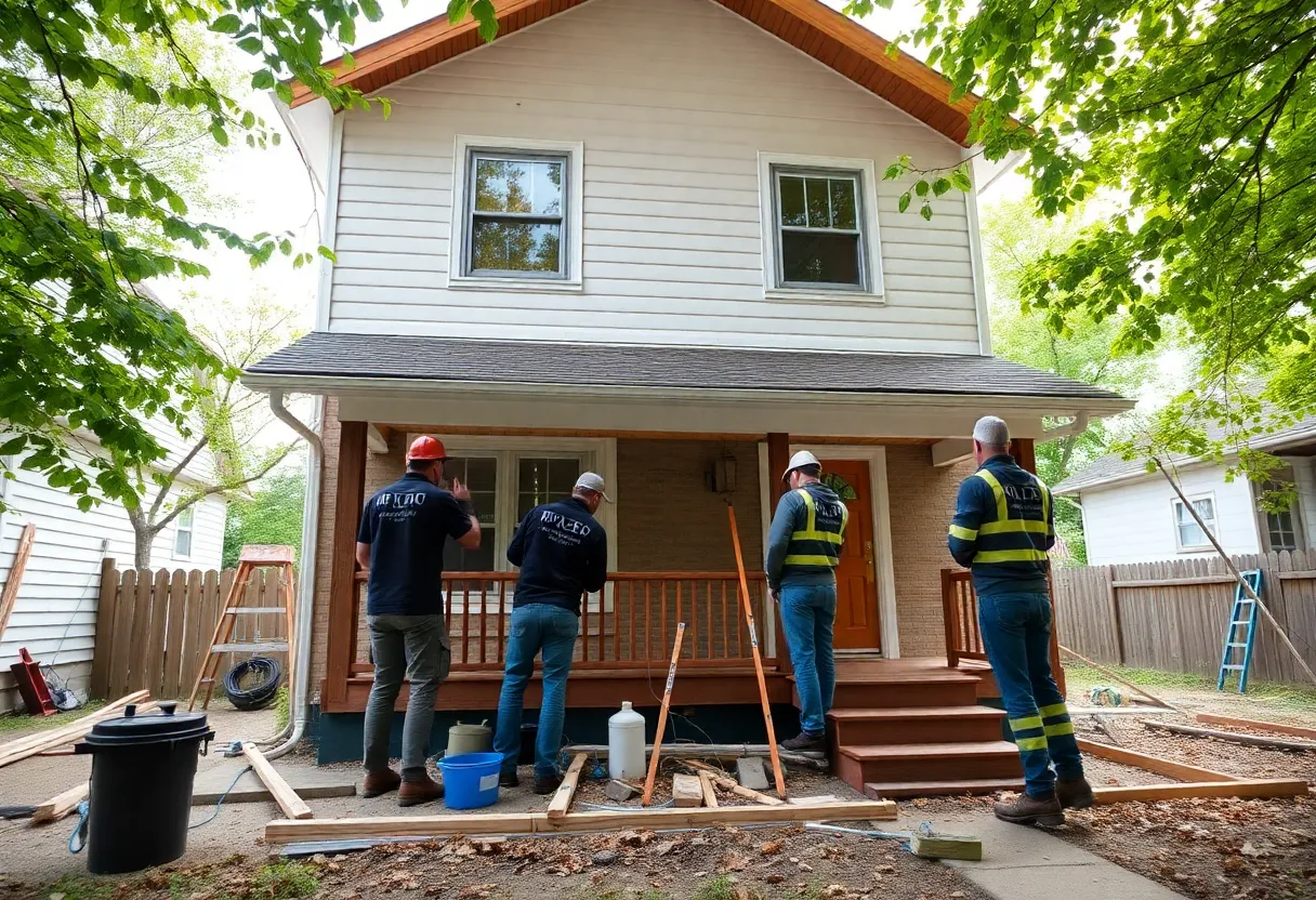 Home renovation project in Cleveland with workers and materials.