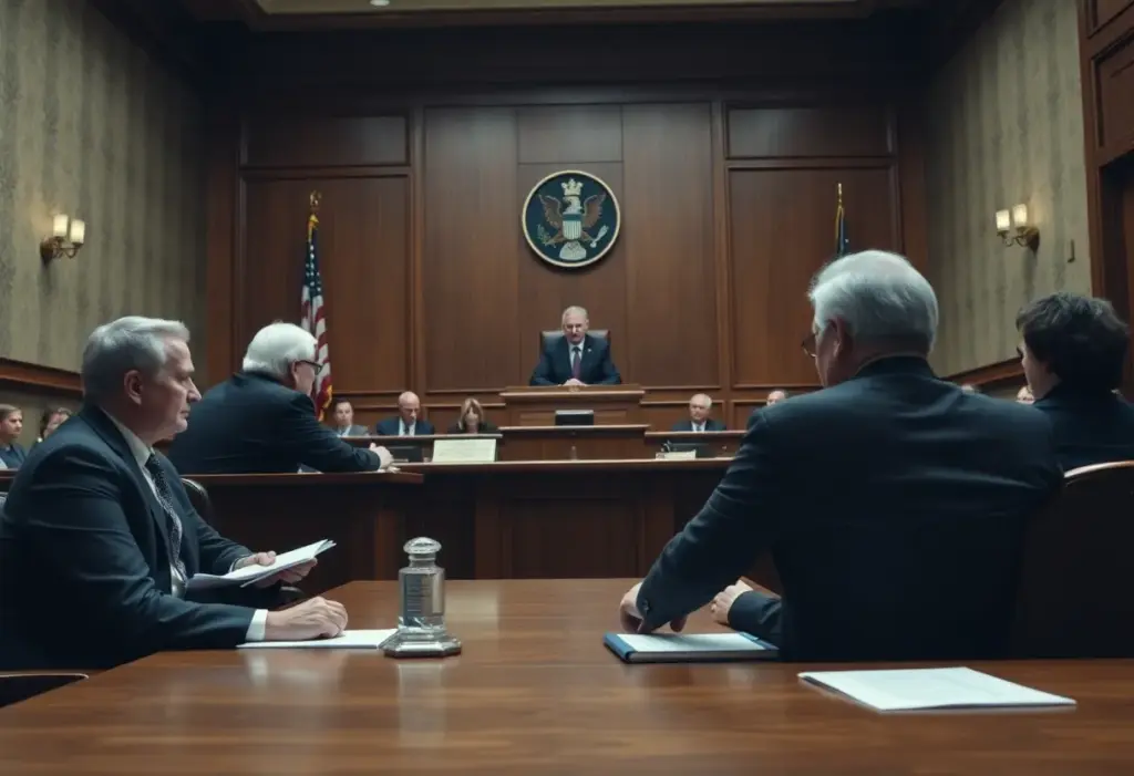 Courtroom scene depicting a trial for financial elder abuse