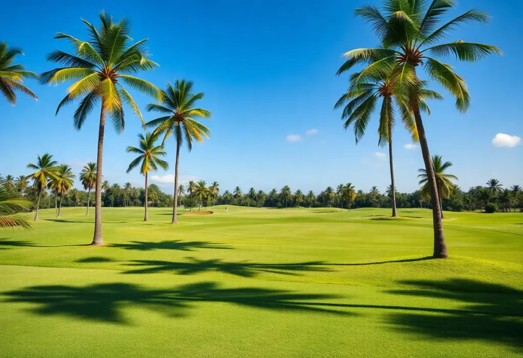 A scenic view of a golf course in Florida with palm trees and players.