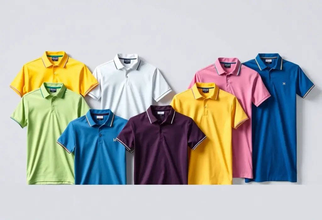 A variety of golf polo shirts on display against a golf course backdrop