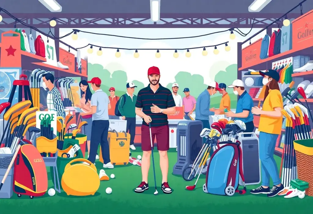 A colorful image of a golf marketplace featuring pre-owned golf clubs and gear