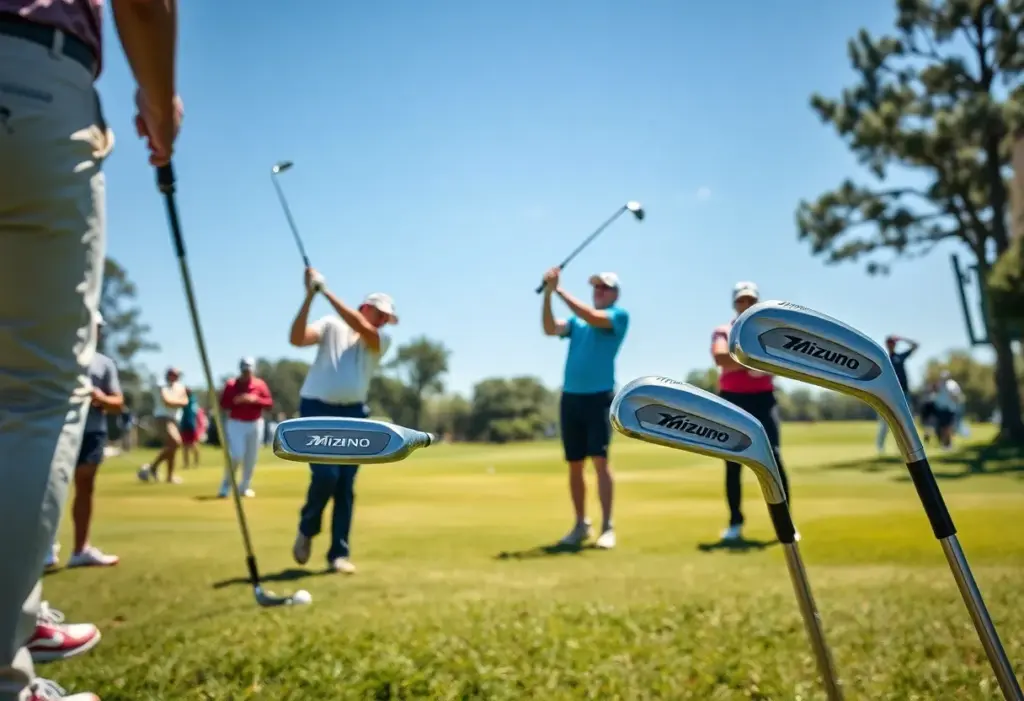 Golfers using Mizuno irons on the course during a tournament.