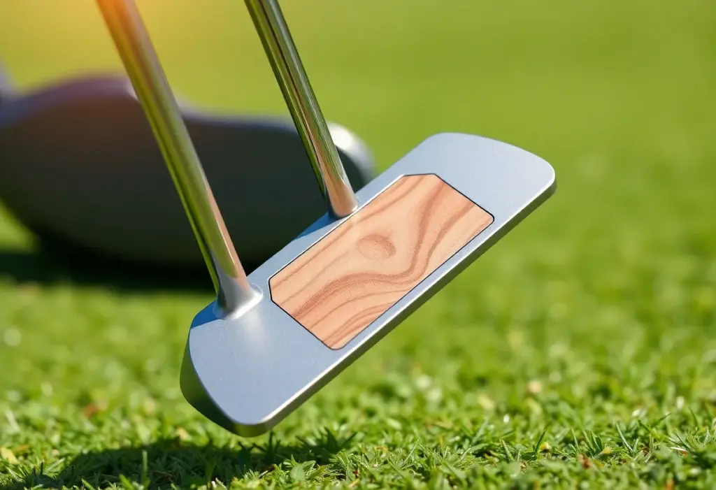 Handcrafted golf putter with wooden face inlay on golf course