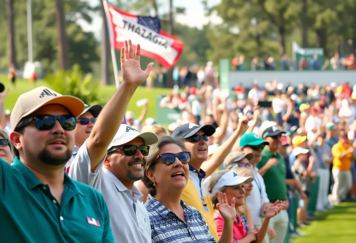 Illustration of a golf tournament at Augusta National with fans cheering.
