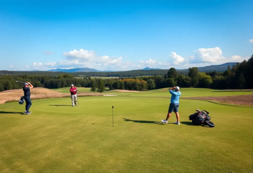 Wide view of a challenging golf course with players driving the ball.