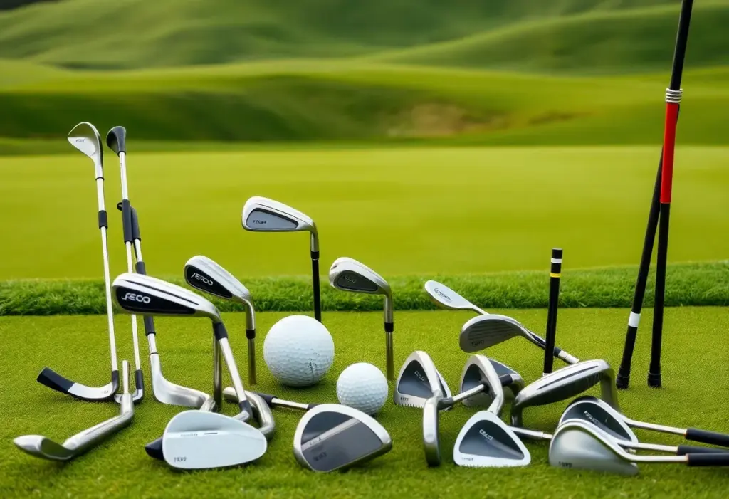 A display of modern golf equipment with unique designs on a golf course.