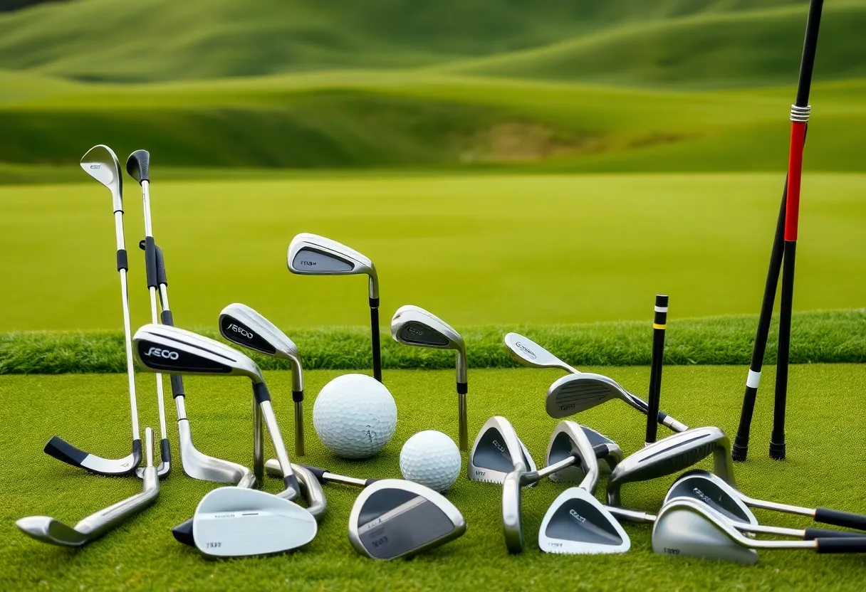 A display of modern golf equipment with unique designs on a golf course.