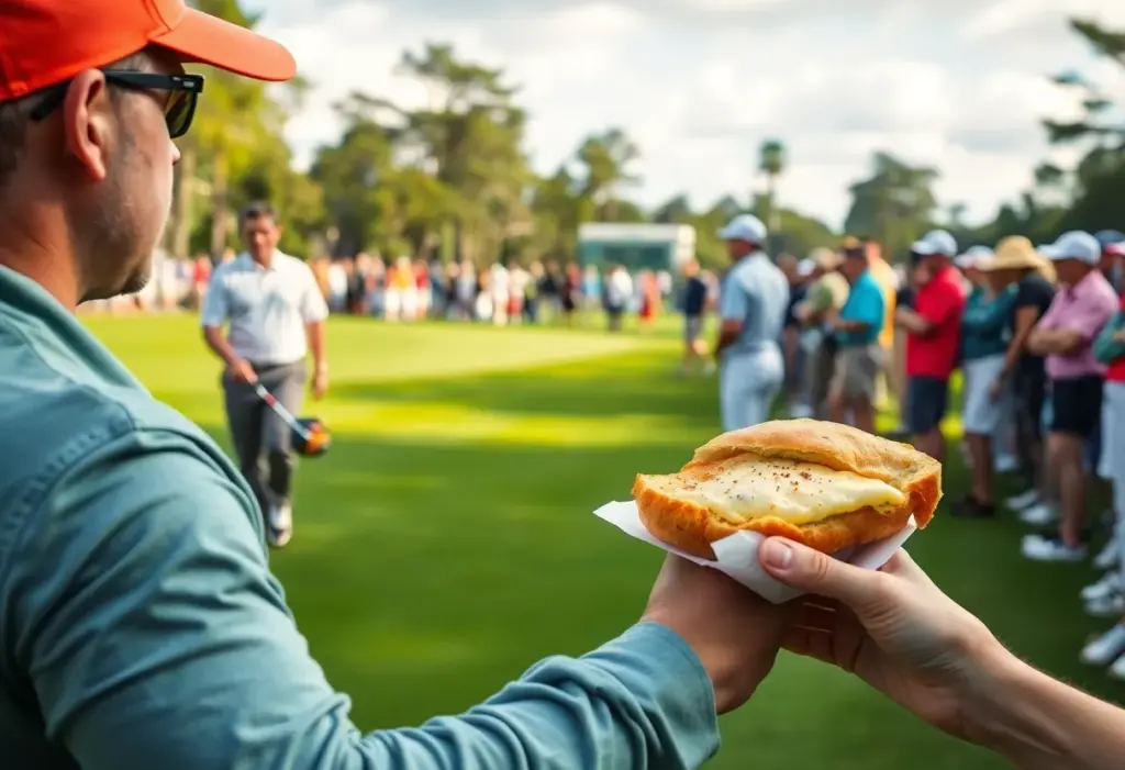 Golf scene with colorful floral motifs and equipment at Augusta National