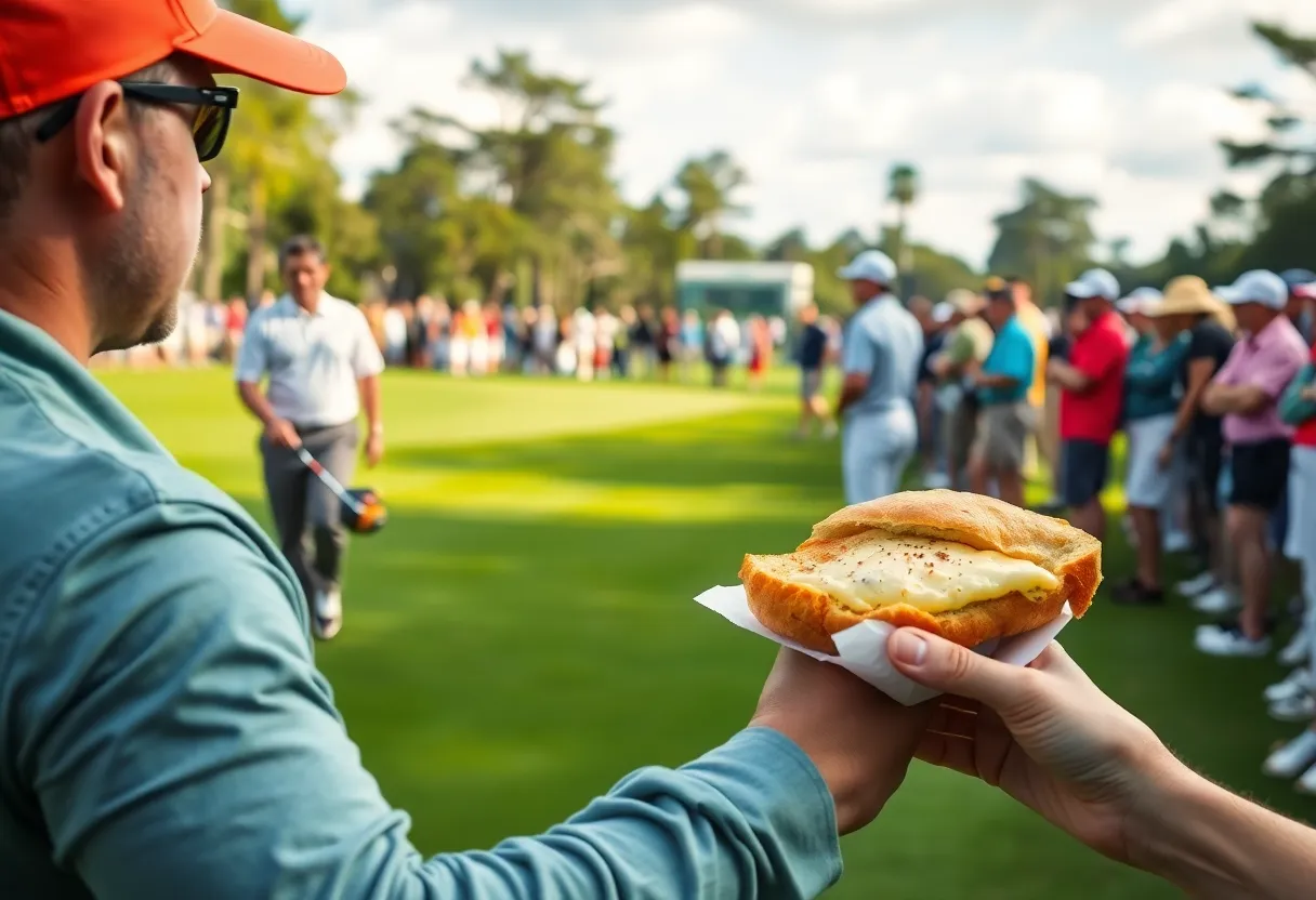 Golf scene with colorful floral motifs and equipment at Augusta National